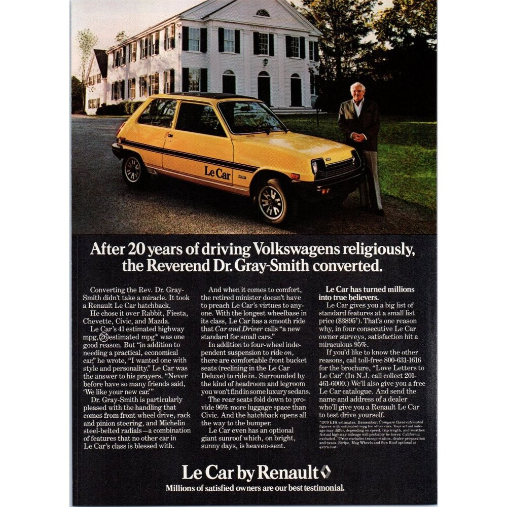 1979 Renault Le Car Hatchback Vintage Print Ad White Church Building Wall Art